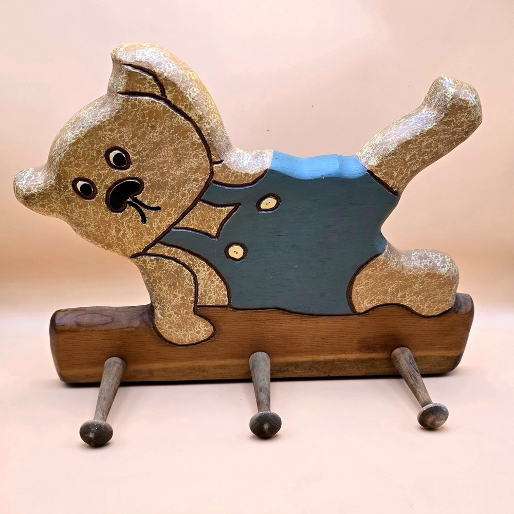 Vintage Wooden Teddy Bear Wall‎ Hook Rack Kids Decor Blue Overalls 3 Pegs